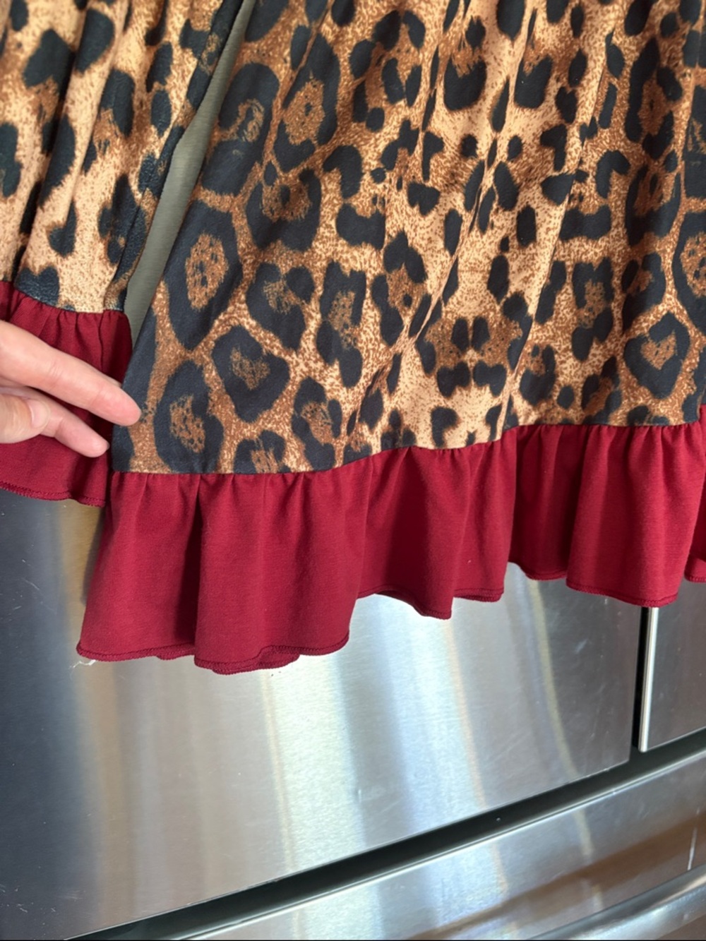 Sweet Modesty Women’s Leopard Print Ruffle-Trim Blouse in Brown and Rust/Red - Picture 5 of 7